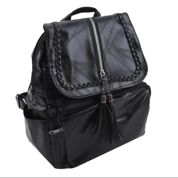 Vegan PU Leather Black Backpack Travel Bag - Picture 1 of 8